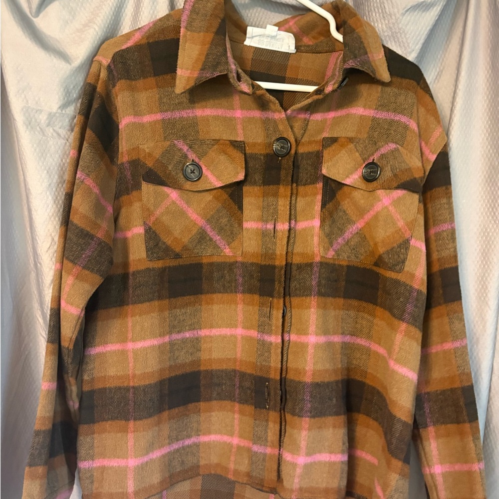BB Dakota Brown Plaid Utility Shacket with Pink Stripes